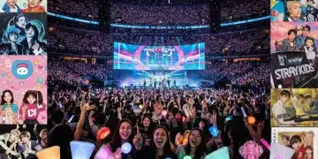 K-Pop album covers and cheering fans at a US concert, symbolizing strong sales and engagement.