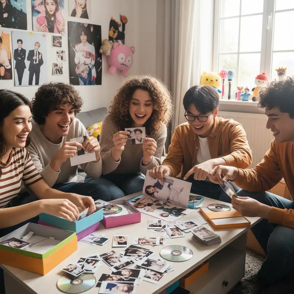 K-Pop fans unboxing a new album with photocards and merchandise.