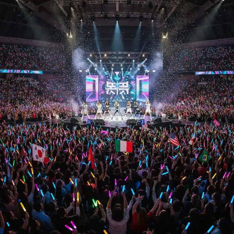 K-Pop group performing live on a brightly lit stage in a packed arena, surrounded by cheering fans with lightsticks.