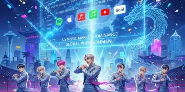 K-Pop artists celebrating digital chart success in the US, dynamic stage lights and streaming analytics.