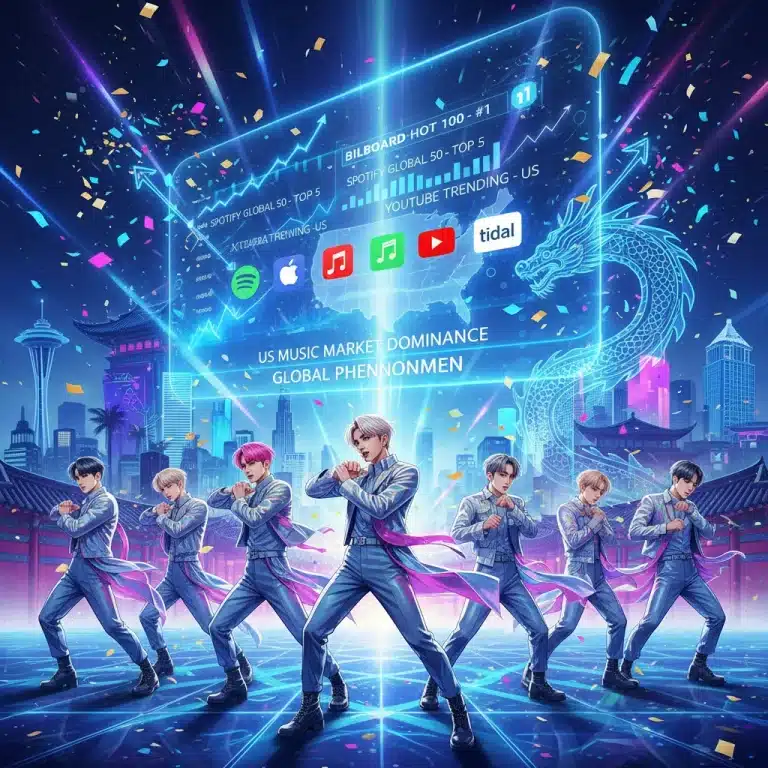 K-Pop artists celebrating digital chart success in the US, dynamic stage lights and streaming analytics.