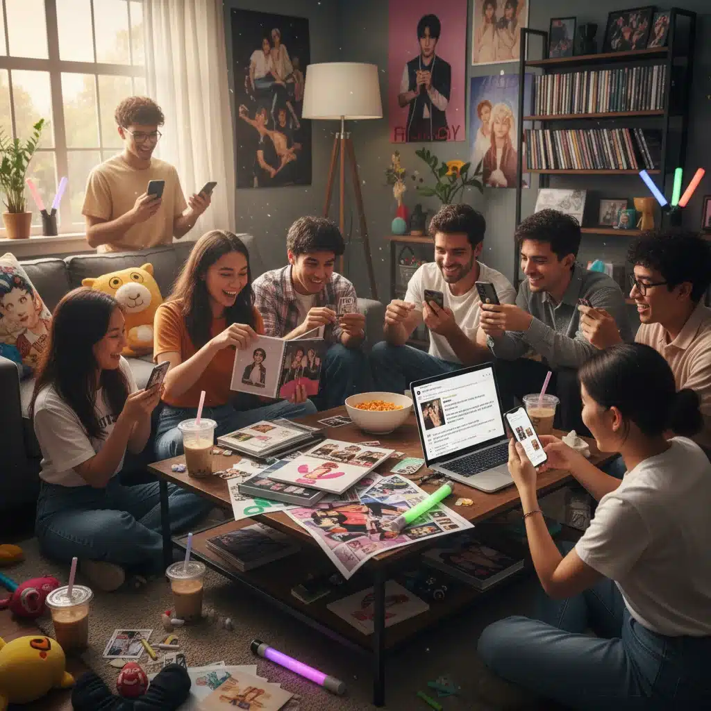 K-Pop fans in the US unboxing albums and engaging with merchandise, highlighting community and digital interaction.