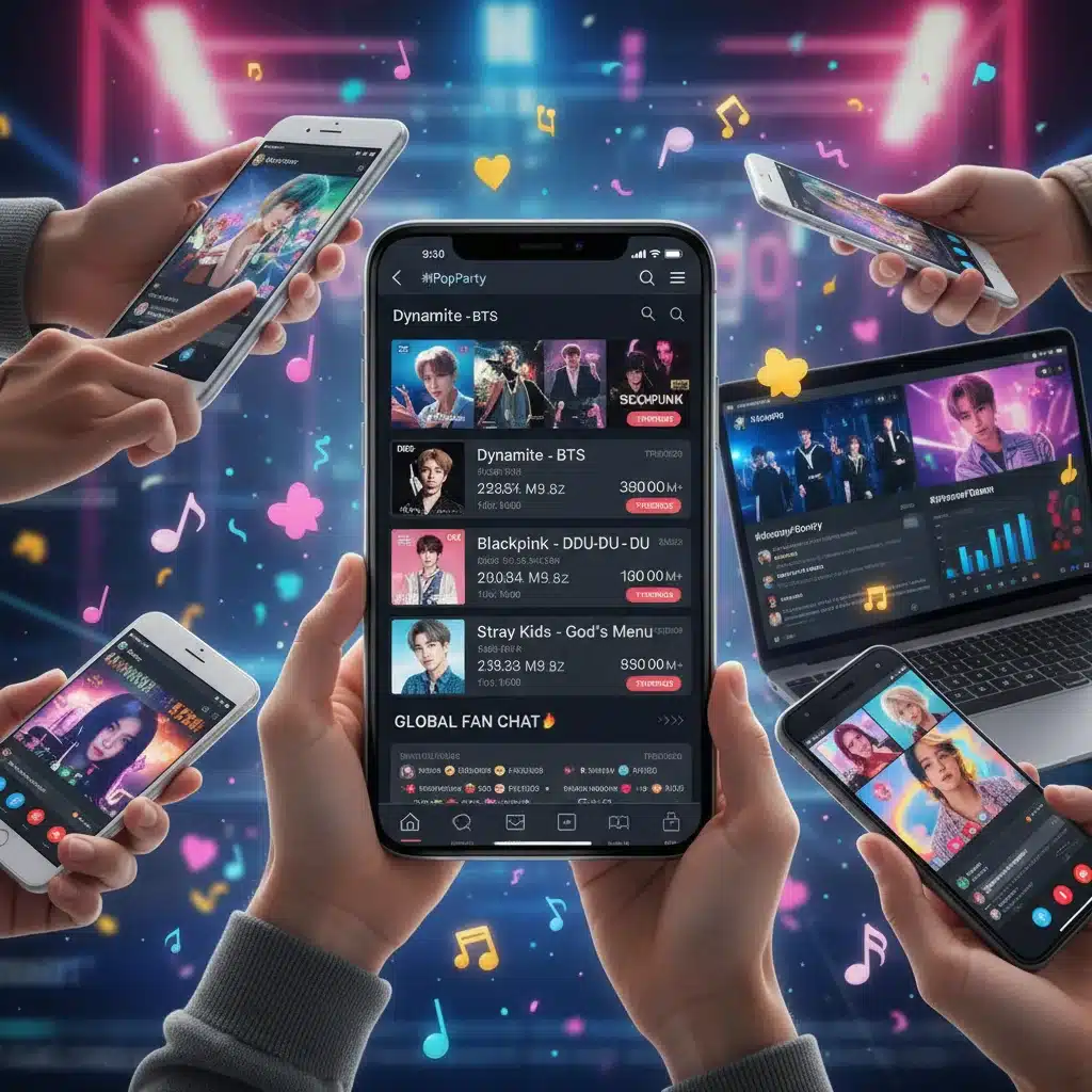 Global K-Pop fans engaging in digital streaming parties, boosting chart performance.