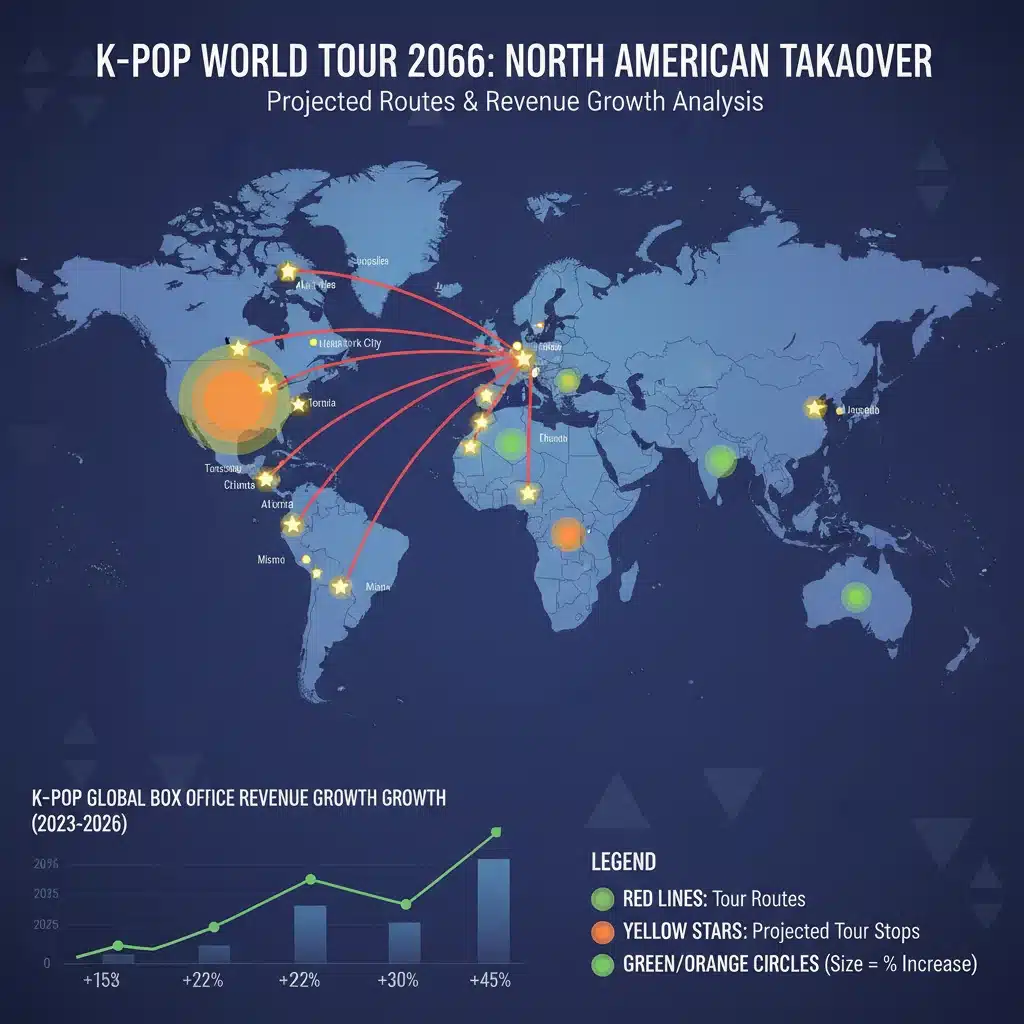 Infographic illustrating global K-Pop tour routes and projected US box office revenue for 2026.