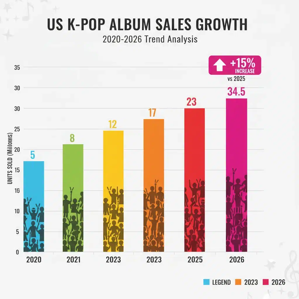 Infographic depicting the significant growth of K-Pop album sales in the US market, forecasting a 15% increase by 2026.