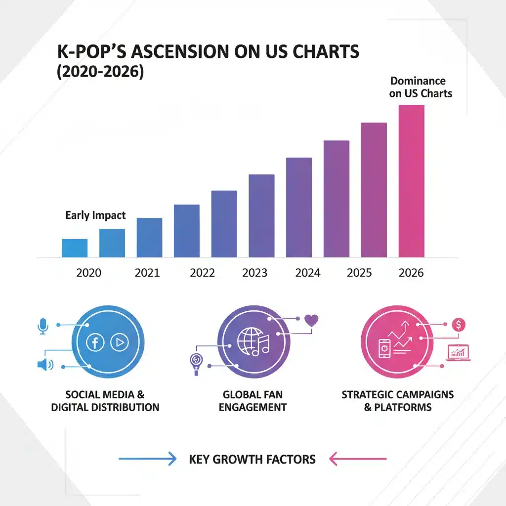 Infographic detailing K-Pop's strategic growth and chart performance trajectory in the US from 2020 to 2026.