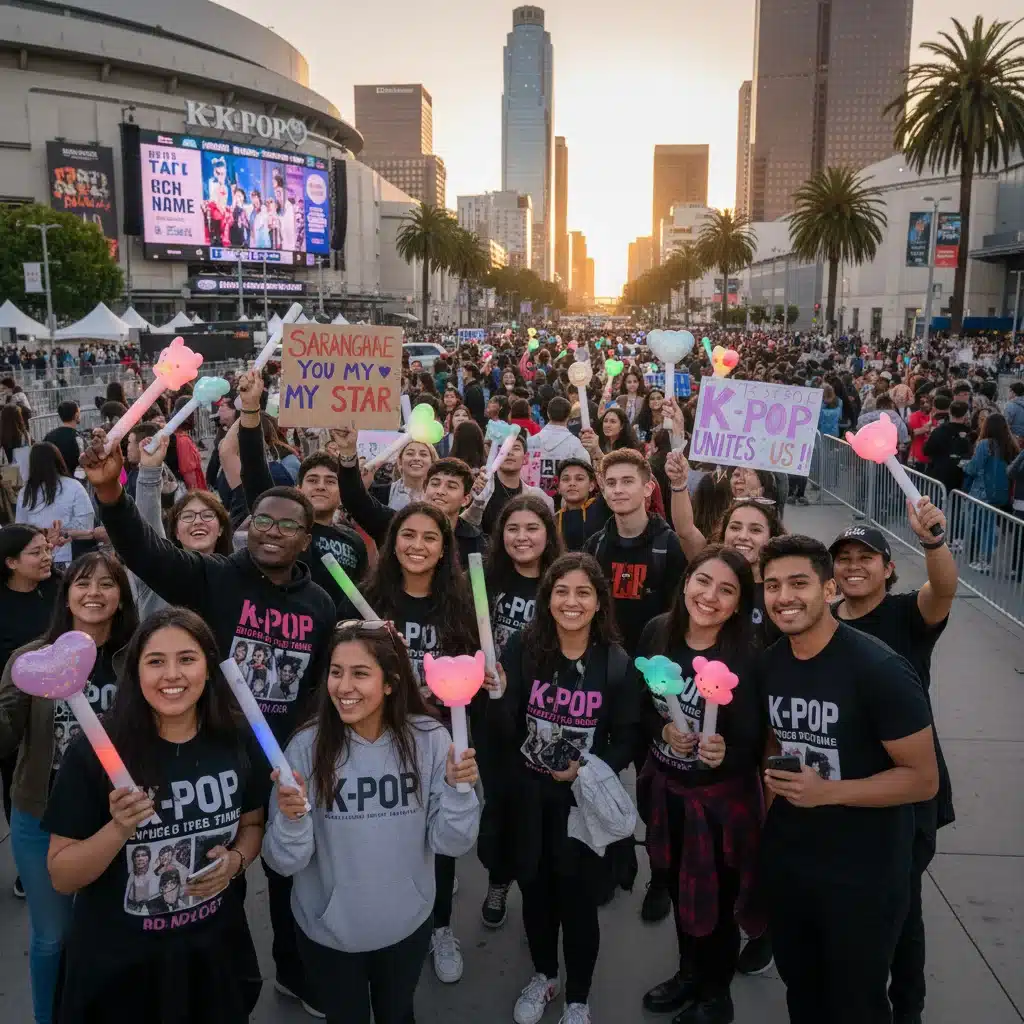 Diverse K-Pop fans outside a concert venue in the US, showing their excitement and loyalty.
