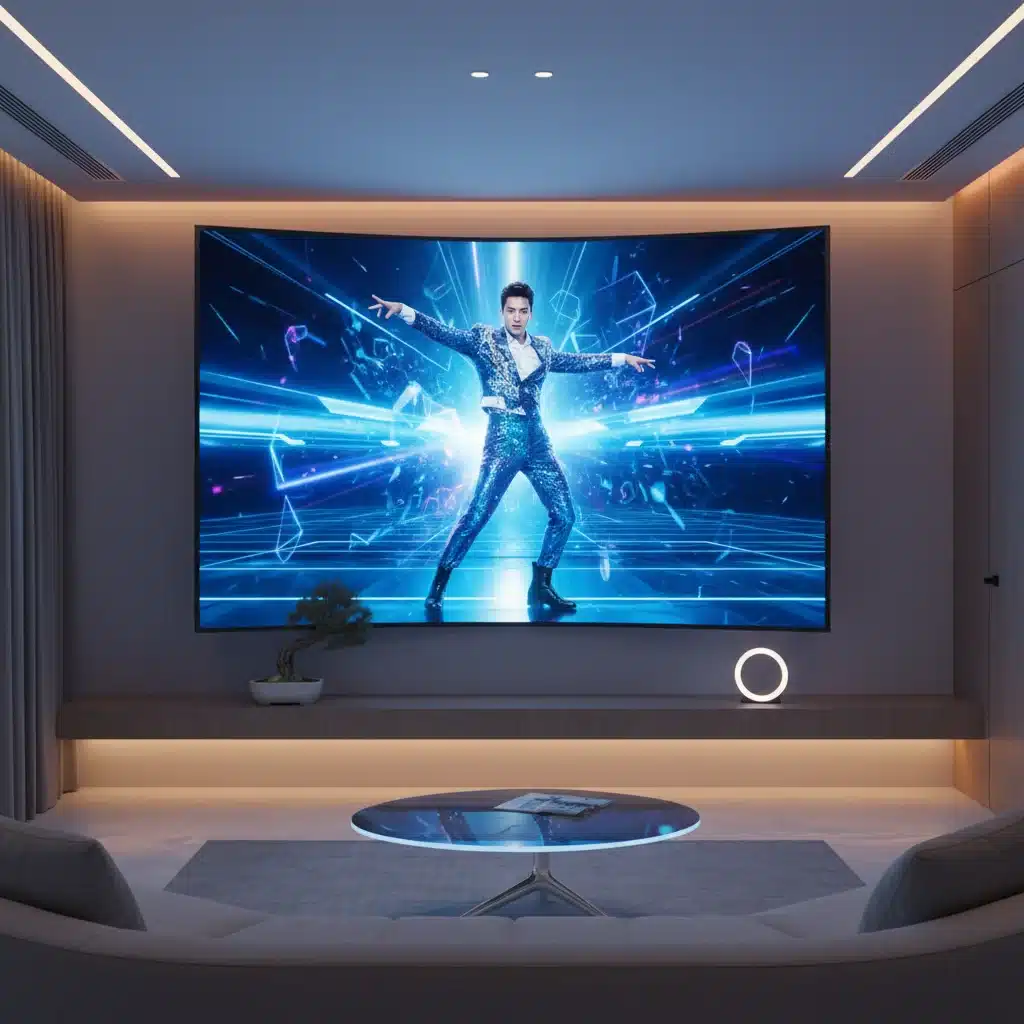 Transparent OLED screen showing life-sized K-Pop idol performance in a smart home.