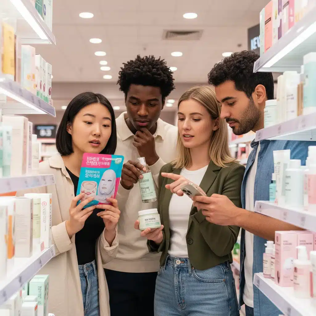 Diverse consumers examining Korean beauty products in a US store