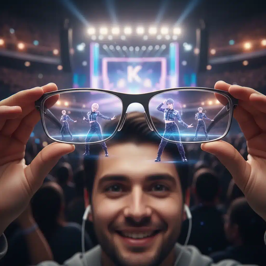 K-Pop fan wearing augmented reality glasses for an immersive concert view.