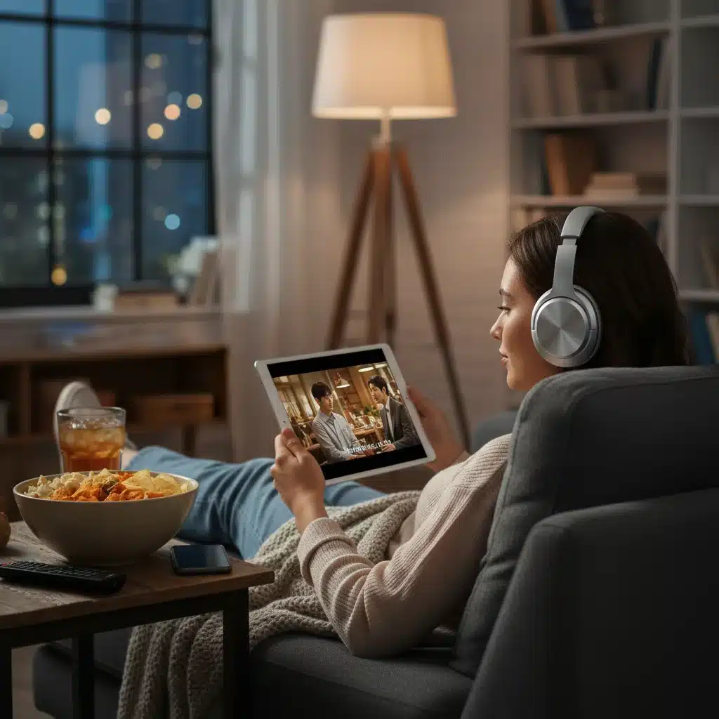 Person enjoying K-Drama with wireless noise-canceling headphones