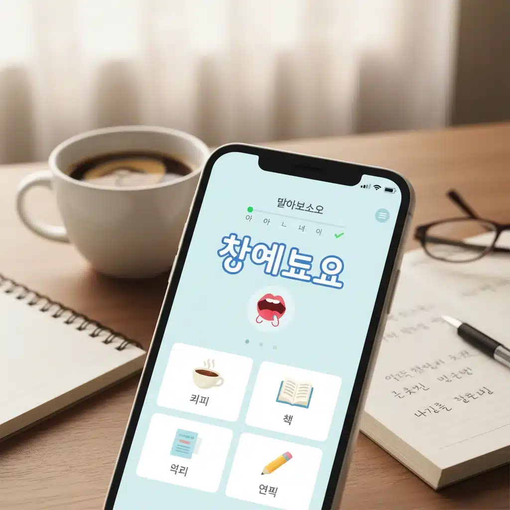 Smartphone displaying a Korean language learning app with Hangul exercises