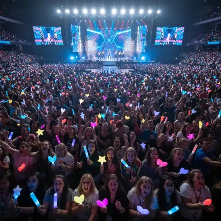K-Pop fans enthusiastically chanting at a live concert with lightsticks