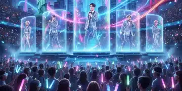 K-Pop fans using futuristic tech gadgets to enjoy a concert experience in 2026.