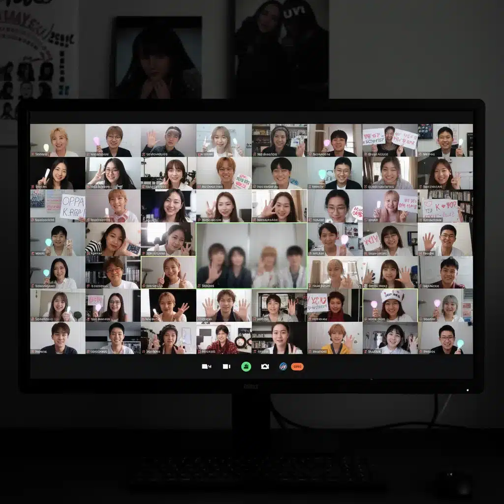 K-Pop fans participating in an online fanchant event via video call