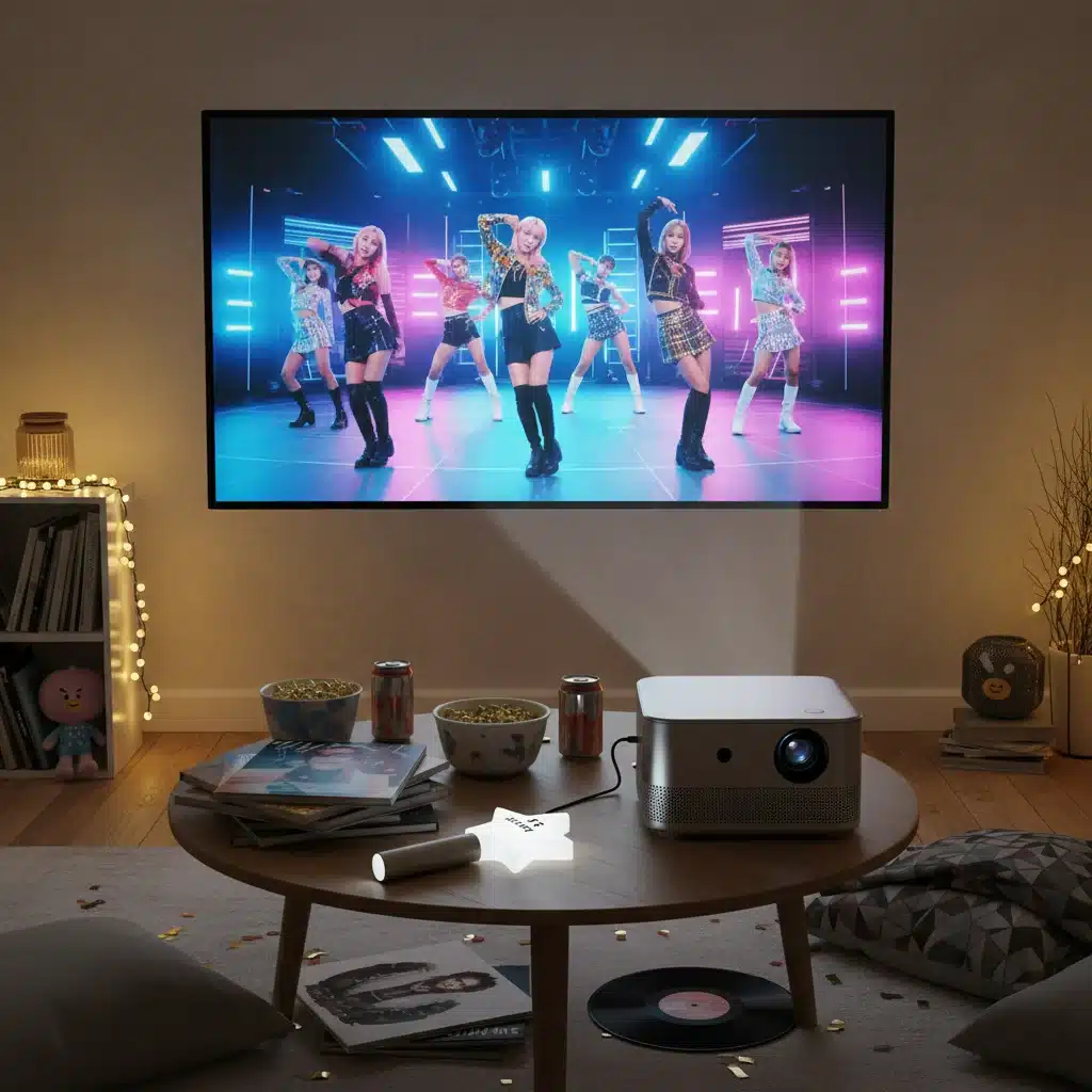 Portable smart projector displaying a K-Pop music video in a fan's living room.