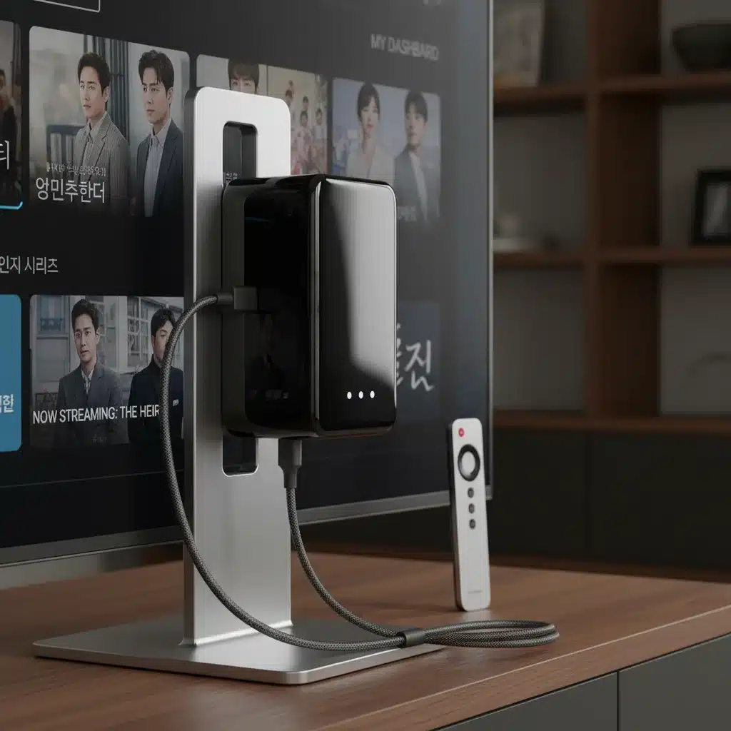 High-end streaming device connected to TV displaying K-Drama