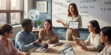 Students in the US learning Korean with an instructor, using modern resources