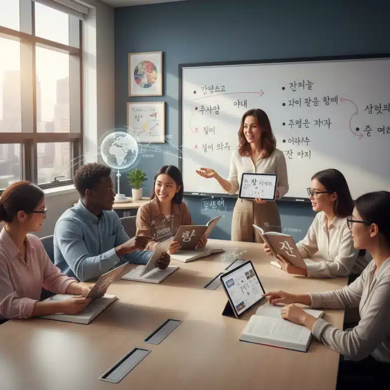 Students in the US learning Korean with an instructor, using modern resources