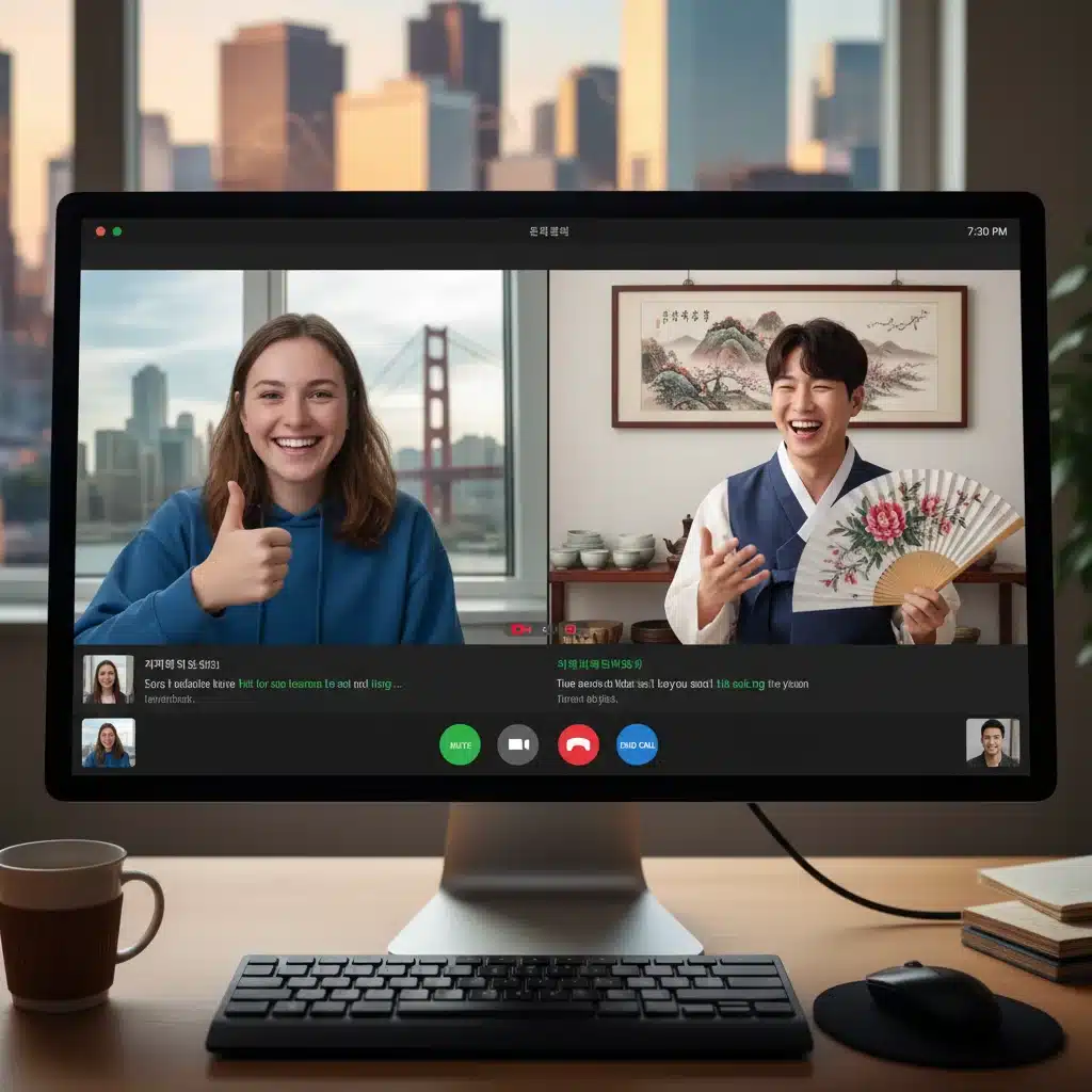 US student engaging in a virtual Korean language exchange with a native speaker