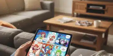 Korean Webtoons US Pop Culture: 20% Growth Forecast 2026 Hands holding a digital tablet displaying a vibrant Korean webtoon in a casual home setting.
