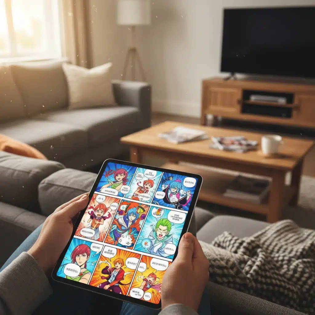 Hands holding a digital tablet displaying a vibrant Korean webtoon in a casual home setting.