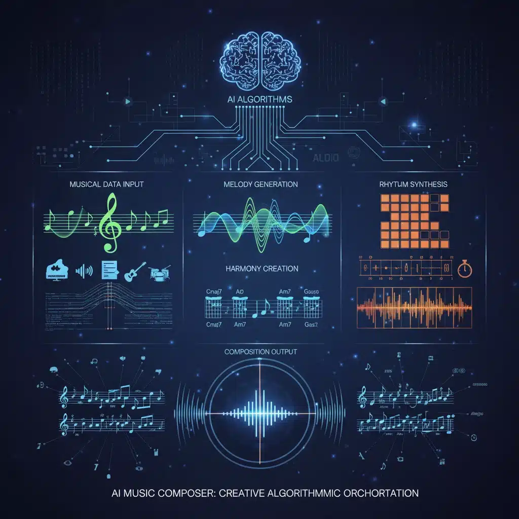 AI music composition process graphic with algorithms creating melodies and harmonies.