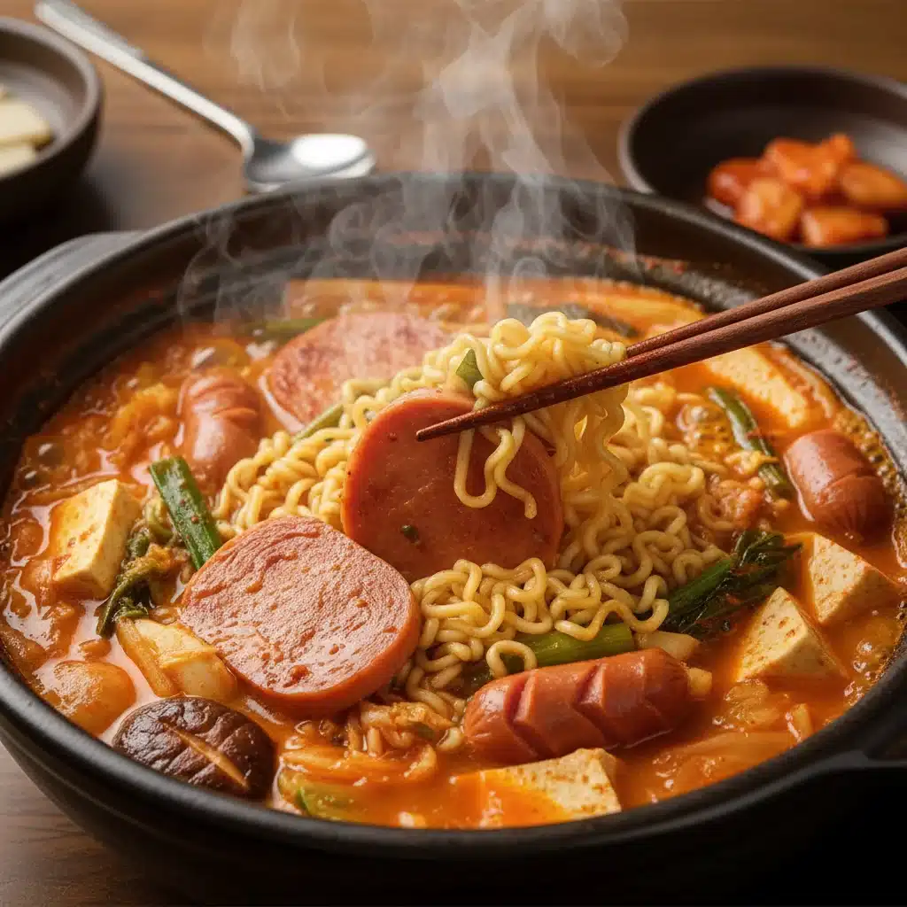A vibrant and steaming bowl of Budae Jjigae, or Army Stew, filled with noodles, meat, and vegetables.