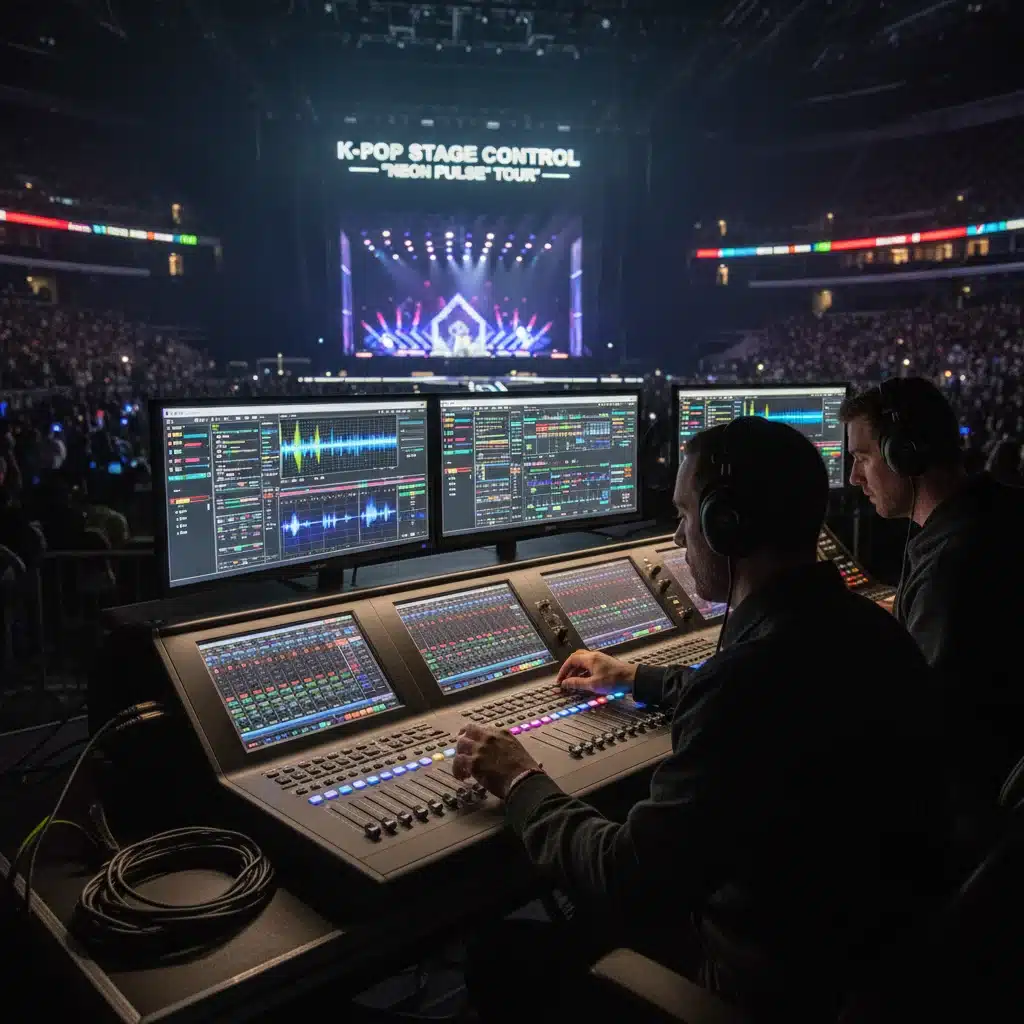 Advanced sound and lighting control panel at a US concert venue.