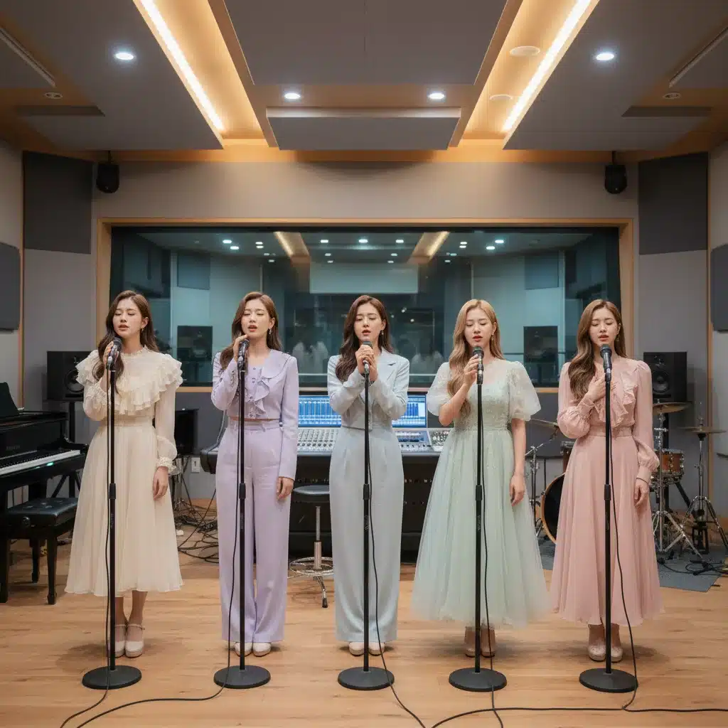 Female K-Pop group harmonizing in a modern recording studio, focused on vocal performance.
