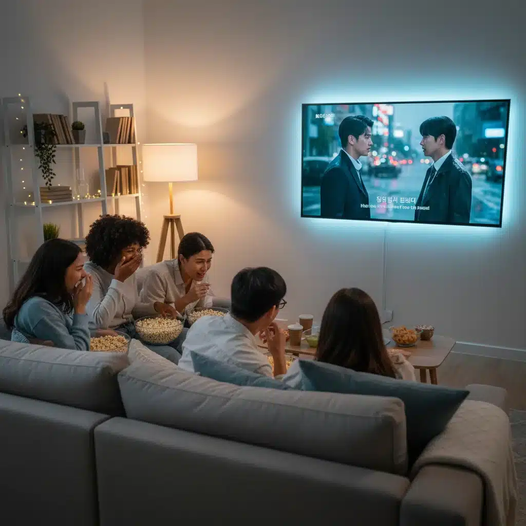 Friends enjoying a K-drama together on a sofa, sharing popcorn and emotions