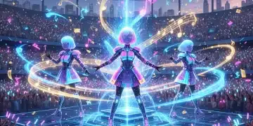 Futuristic K-Pop stage with AI holographic performers and glowing musical notes.