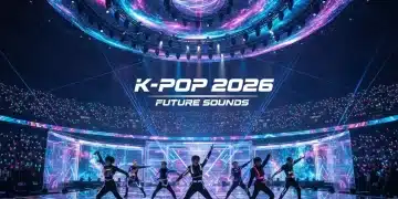 Dynamic K-Pop stage with futuristic lights and performers, symbolizing the 2026 K-Pop music scene.