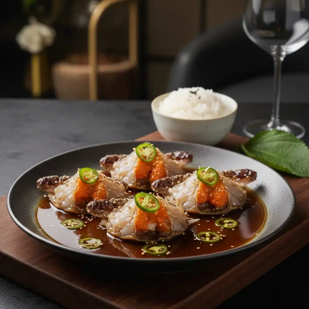 Exquisitely prepared Ganjang Gejang, raw soy-marinated crab, garnished with chili and sesame.