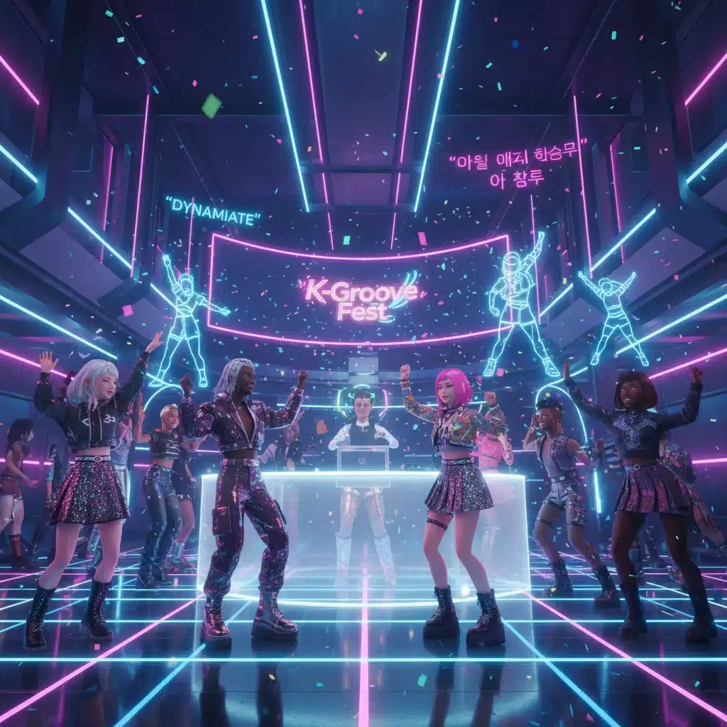 Avatars dancing at a neon-lit K-Pop metaverse club event.