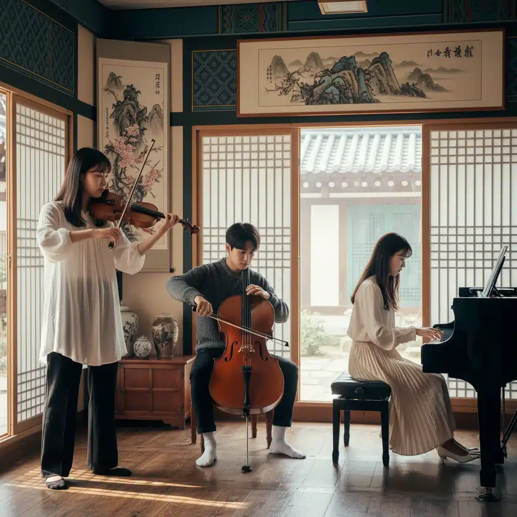 Young South Korean musicians practicing in a traditional hanok room, showcasing dedication and cultural blend.
