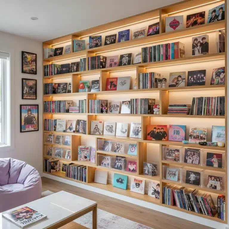 Organized K-Pop album collection on shelves with clear cases