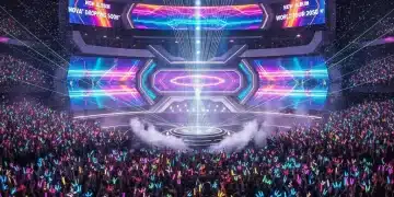 Dynamic K-Pop concert stage with bright lights and a cheering crowd, symbolizing anticipated music comebacks.
