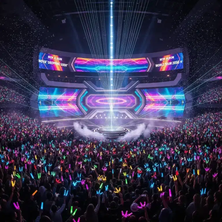 Dynamic K-Pop concert stage with bright lights and a cheering crowd, symbolizing anticipated music comebacks.