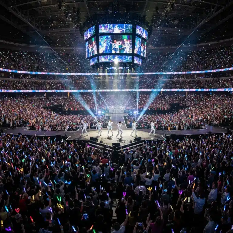 Energetic K-Pop concert in a US arena with thousands of fans and lightsticks.