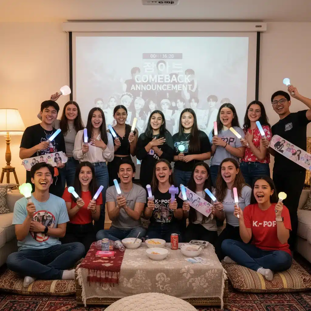 Excited K-Pop fans with lightsticks reacting to a comeback announcement, representing global fan anticipation.