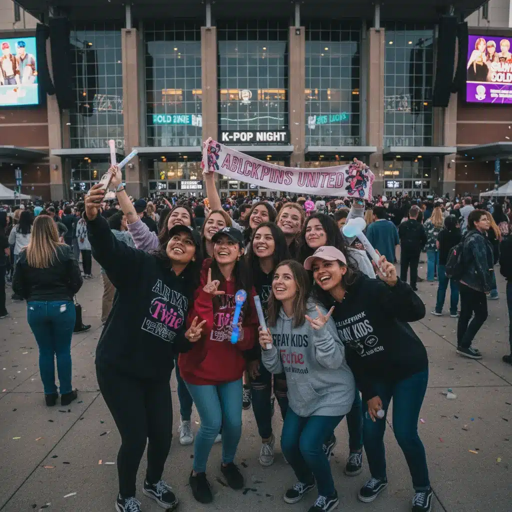 Diverse K-Pop fans interacting outside a US concert venue.