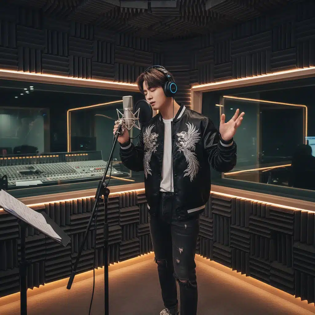 K-Pop idol recording in a studio, symbolizing the creation of new music.