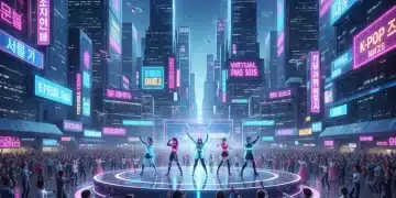 Futuristic K-Pop concert in a vibrant metaverse city with diverse fan avatars.