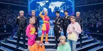 Four diverse K-Pop debut groups performing on a brightly lit stage, ready for global success.