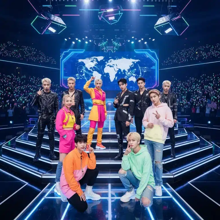 Four diverse K-Pop debut groups performing on a brightly lit stage, ready for global success.