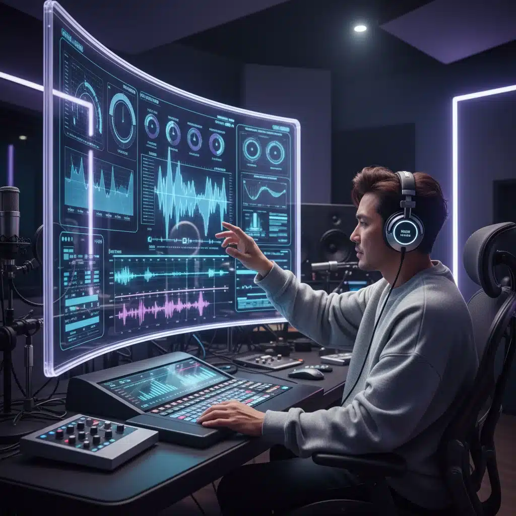 K-Pop producer using AI vocal synthesis software in a modern studio.