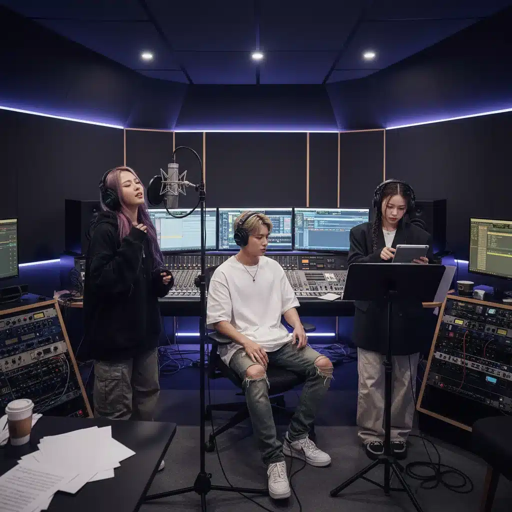 K-Pop group recording new music in a professional studio, showcasing the creative process behind comebacks.