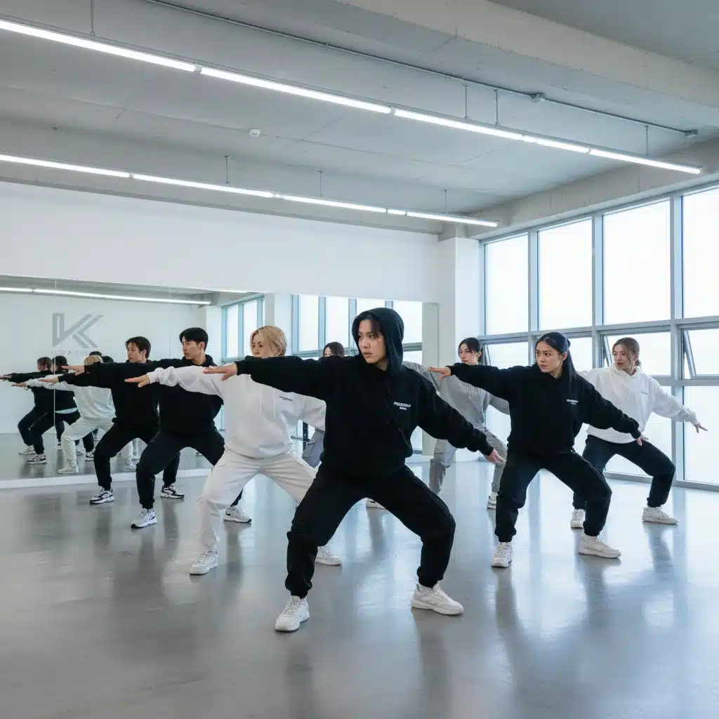 Young K-Pop trainees practicing synchronized choreography in a dance studio.