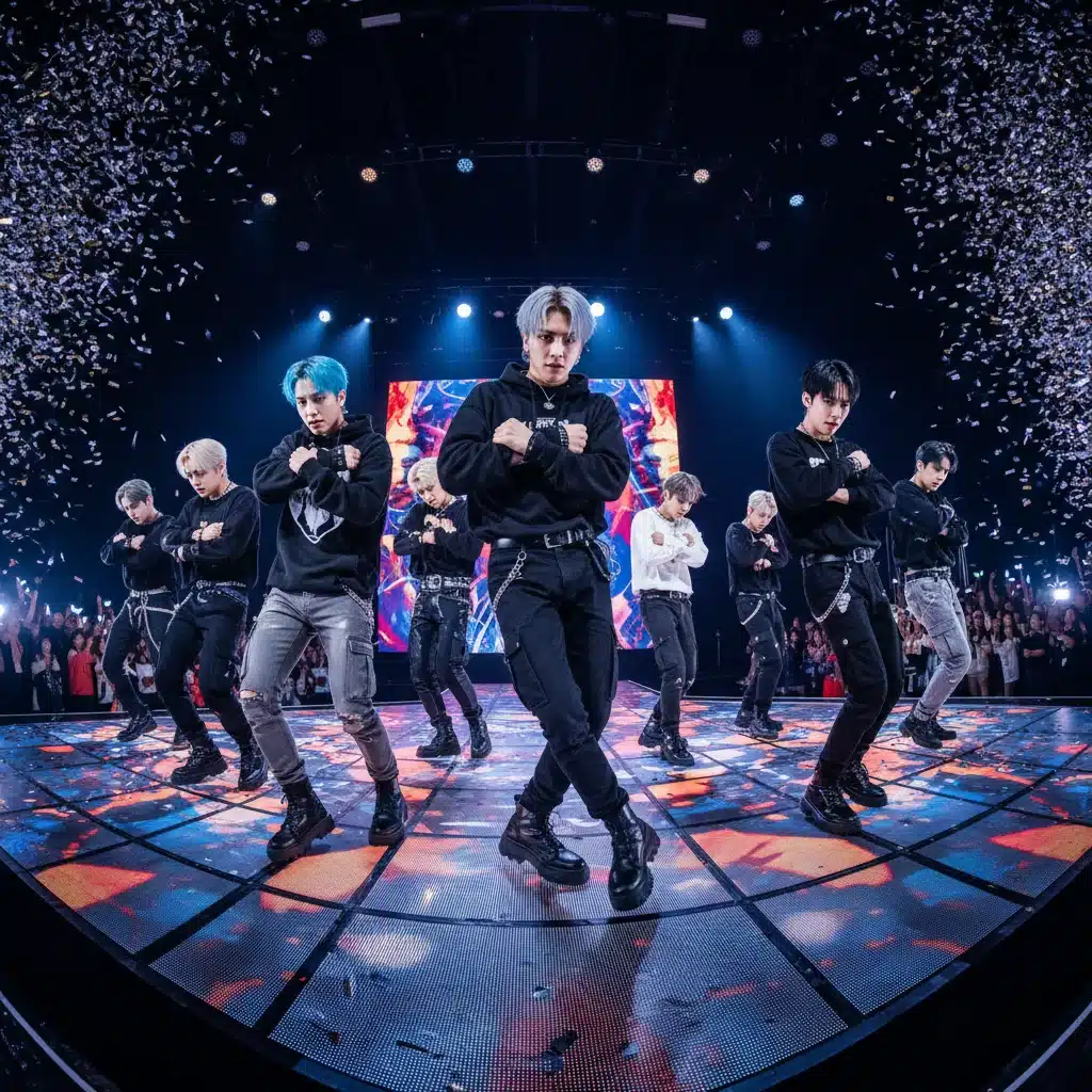Male K-Pop group performing a dynamic, synchronized dance routine on a futuristic stage.